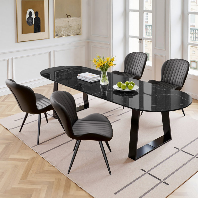 Upholstered Dining Chairs in Scandinavian Style, Black Faux Leather, 4