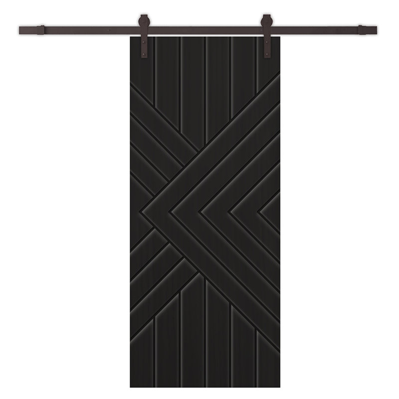 Porte de grange à panneaux et en bois manufacturé avec quincaillerie d'installation, 36 po x 80 po, Beige, Café noir