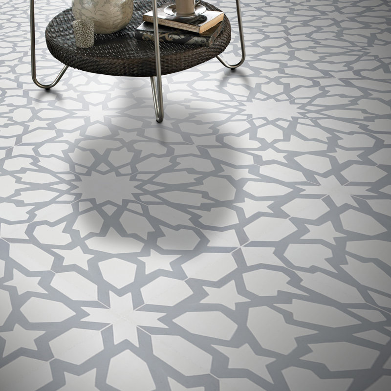 Bahja 8" x 8" Cement Patterned Wall & Floor Tile, White/Gray