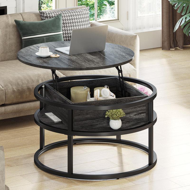 Table basse extensible à cadre rond avec rangement 31,5 po Rothwell, Gris foncé, Noir
