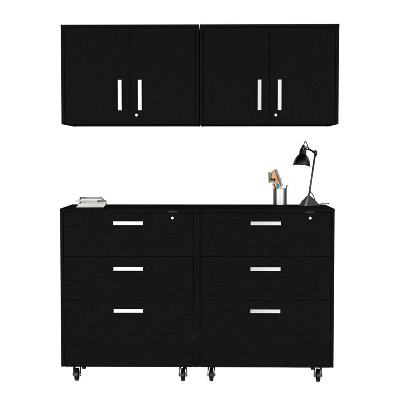 Sleek Black Garage Storage, 2 Piece With Drawers & Wall Mount For 2 Large Handles, Smooth Easy Movement