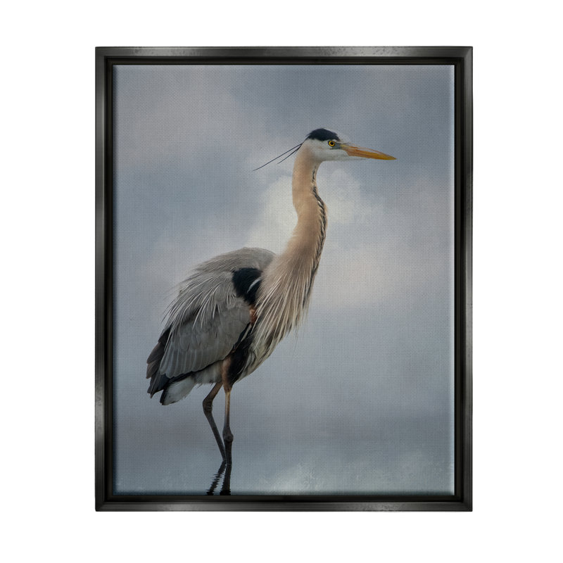 Aigrette perchée, reflet de l'eau - photographie, H 31 po x l 25 po x P 1,7 po, Cadre flottant noir de jais