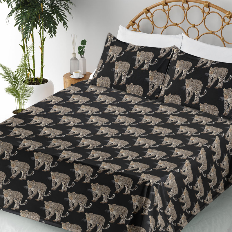 Ambesonne Leopard Sheet Set Nature Wild Kitten Print Charcoal Grey and Pale Camel, Queen Sheet Set with 2 Pillowcases