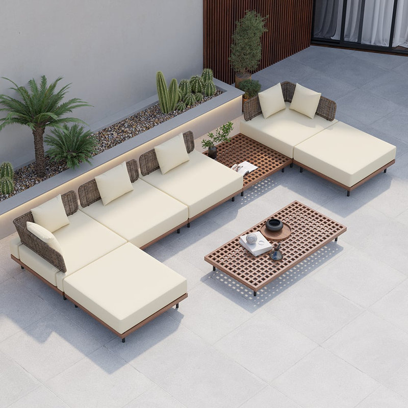 8-Pieces Teak Modular Outdoor & Patio Sectional Sofa Set With Coffee Table, Beige