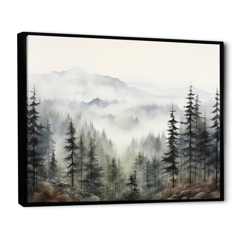 «Pine Misty Mountain II» sur toile, H 34 po x l 44 po, Reproduction avec cadre flottant, Noir