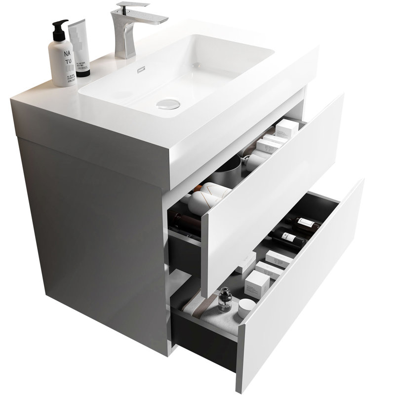 30" White Sink Bathroom Vanity - , Modern Mounted Design, Extra Storage Space, Silent , Elegant No With White, Fashionable, Expanded Storage, Quiet Drawer Function, Wall Mount