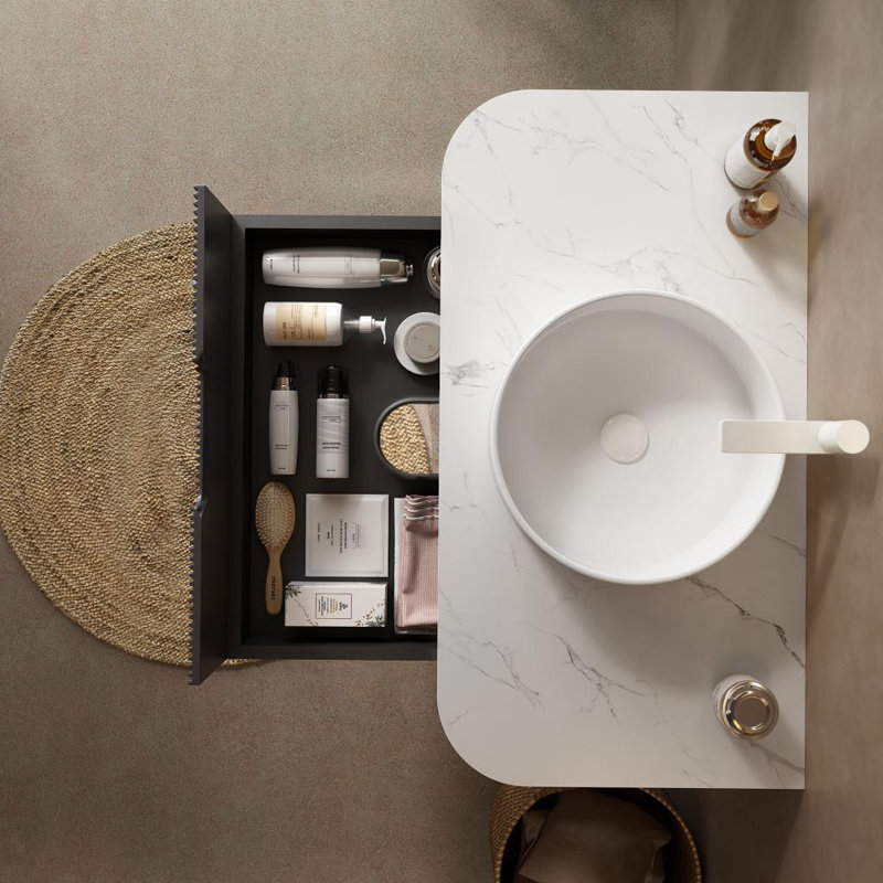Dina 36" Striped Solid WoodBathroom Vanity With Sink, Modern Wall-mounted Floating Curved Edges Striped Bathroom Storage Cabinet With A Drawer, White Round Ceramic Basin Without Faucet, Pre-assembled