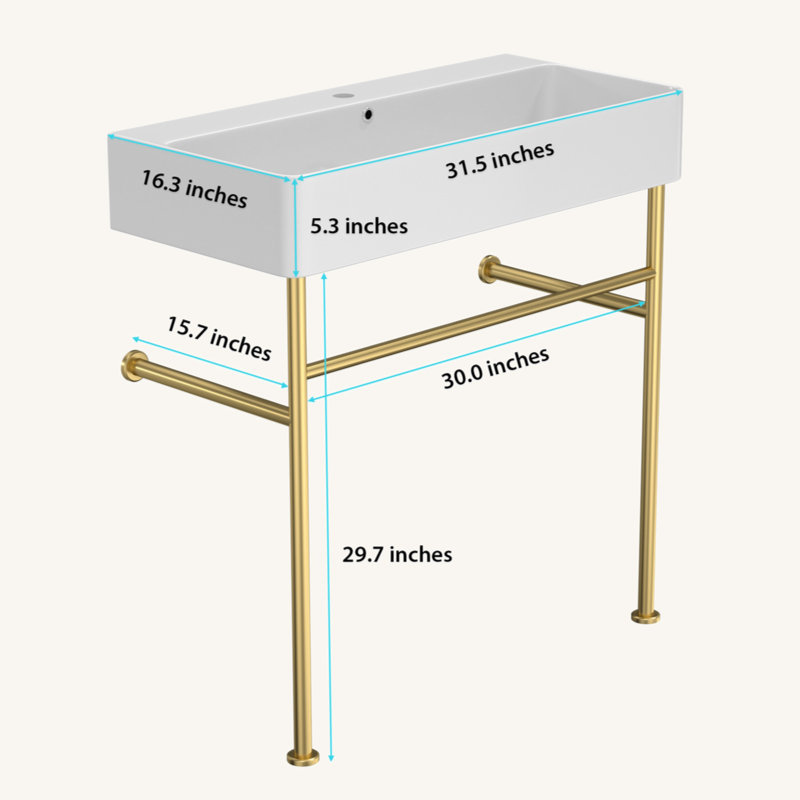 Lavabo de console de salle de bain 32 "avec trop-plein, lavabo console en céramique blanc, Or
