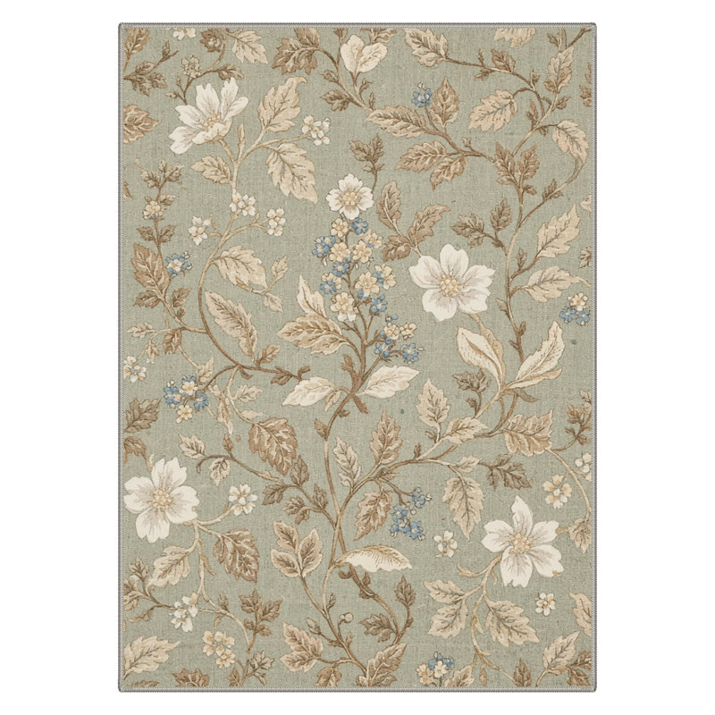 Bloomery Floral Machine Washable Beige / White Indoor Area Rug with Non-Slip Backing, Rectangle 8' x 10'