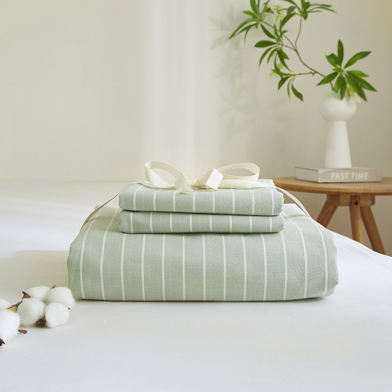 Ensemble de housse de couette à rayures 100% coton délavé Life, Vert sauge / blanc 