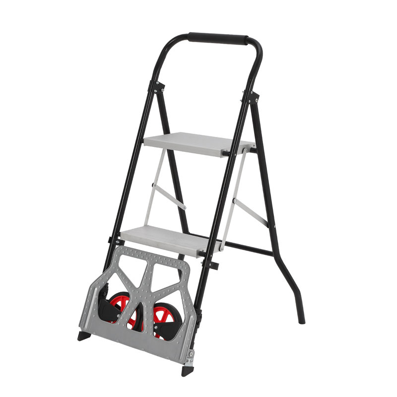 2-in-1 Stair Climbing Folding Hand Truck & 2-Step Ladder, 100kg Capacity with 2 Wheels, Extra Wide Non-Slip Pedal for Home and Garden