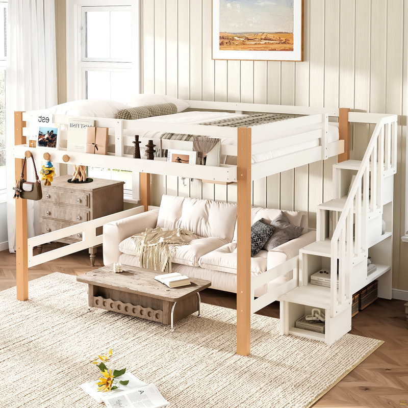 Lit mezzanine double avec crochet à vêtements et tablettes de rangement, cadre de lit mezzanine en bois avec petite tablette