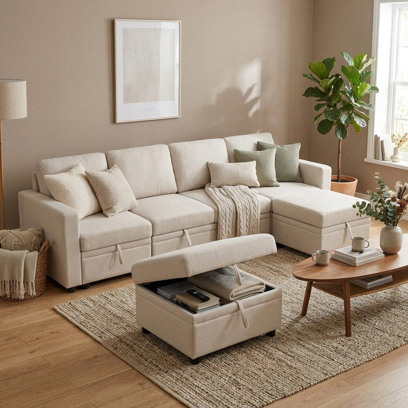 Divan-lit modulaire en forme de U de 102 po de large avec blanc cassé et méridienne avec rangement, canapé-lit 5 places convertible en lin