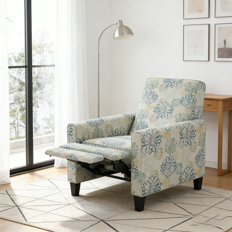 Fauteuil inclinable rembourré 27,5 po avec pieds en hêtre massif, Polyester, Bleu
