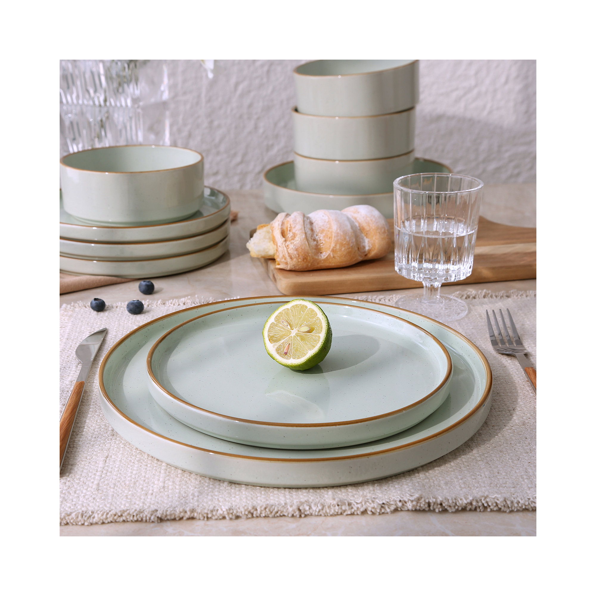  Nebula Plates And Bowls Sets, 12 Piece Dinnerware Sets, Light Green with Brown Rim