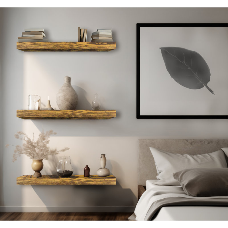 3 Piece Oak Floating Shelf, 3" H x 34" W x 7" D, Honey