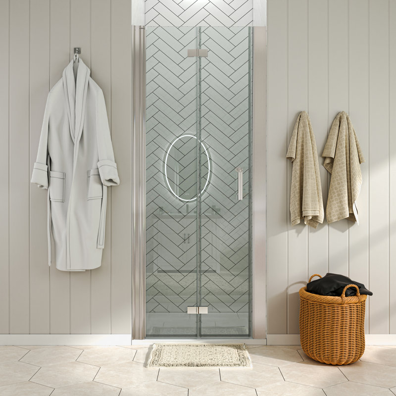 Portes de douche pliantes sans cadre, de 89 à 92 cm de largeur x 183 cm de hauteur, en nickel brossé avec verre trempé transparent de 6 mm.