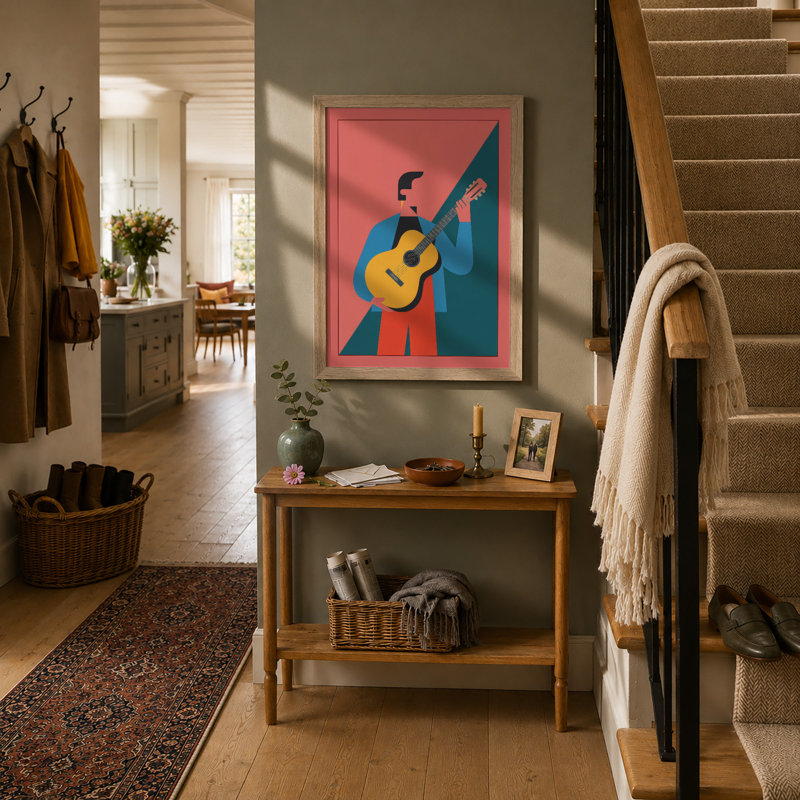 Figure with Guitar Mid-Century - Framed Print, Oak, A3 - 42.0 x 29.7 cm