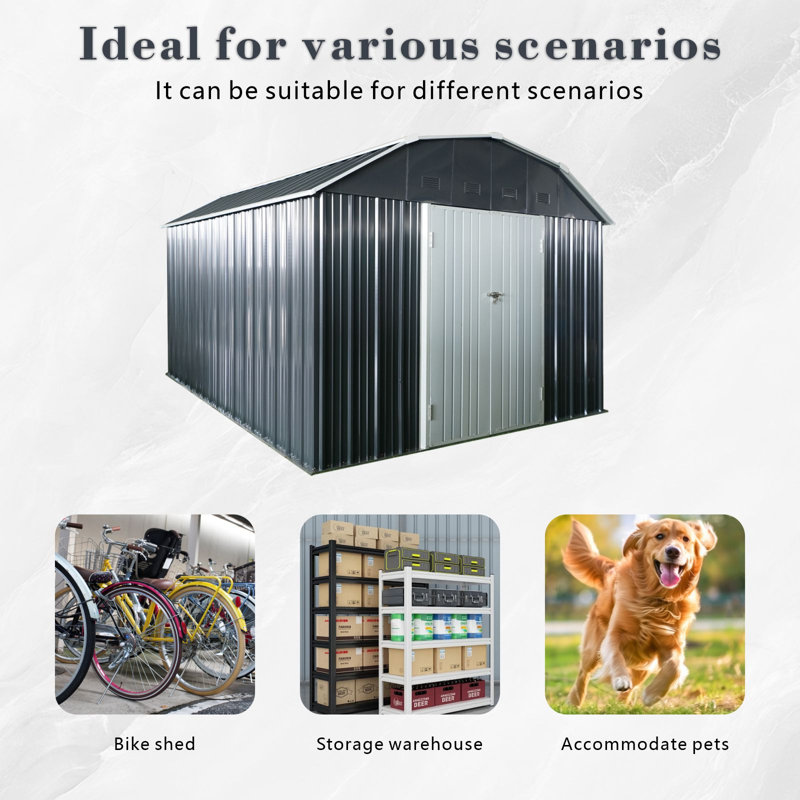 10x12 Metal Outdoor Storage Shed With Arch Roof Black