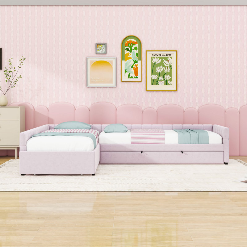 Luxurious L-Shaped Twin Upholstered Daybed with Pull-Out Trundle and Storage Drawers, Pink