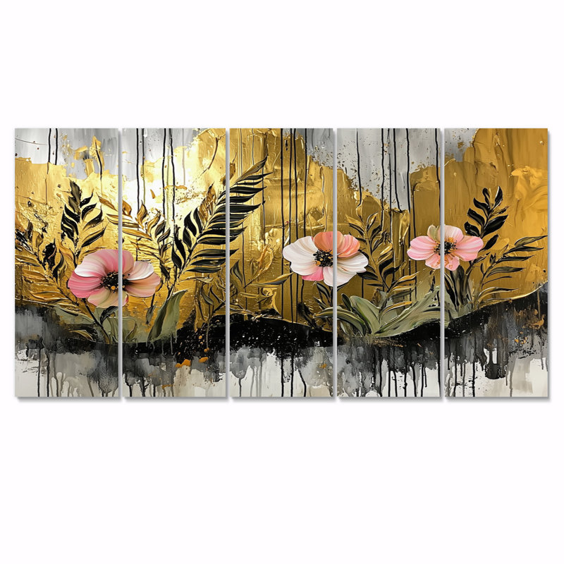 Danse tropicale dorée des coquelicots I - Art mural coquelicots - Décoration murale traditionnelle, H 28 po x l 60 po, 5