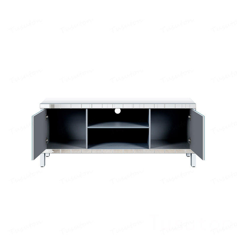 Meuble télé en miroir pour téléviseur de 65 pouces et plus, console de télévision avec rangement ouvert et 2 armoires de rangement, portes de miroir scintillantes en forme de losange