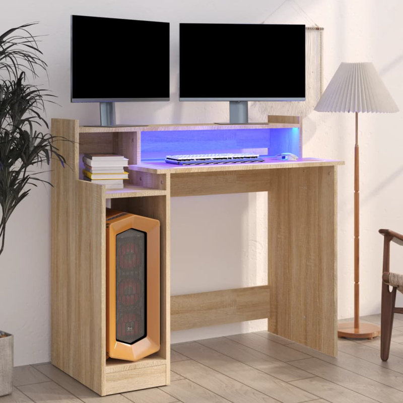 Bureau d'ordinateur de bureau à domicile avec lumières DEL et bois d'ingénierie, Chêne Sonoma