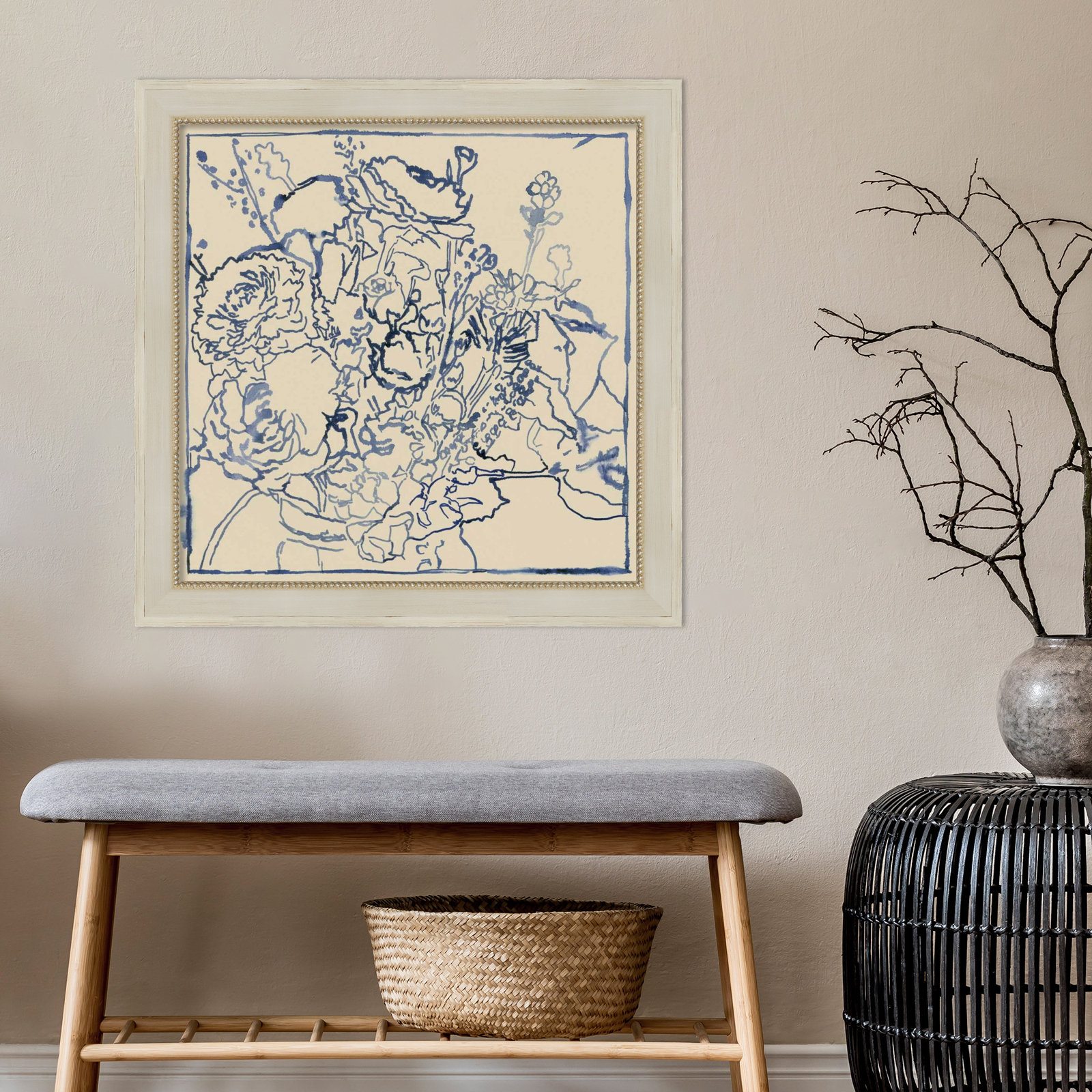 Indigo Floral Sketch I Print, Cream, 28" W x 28" H
