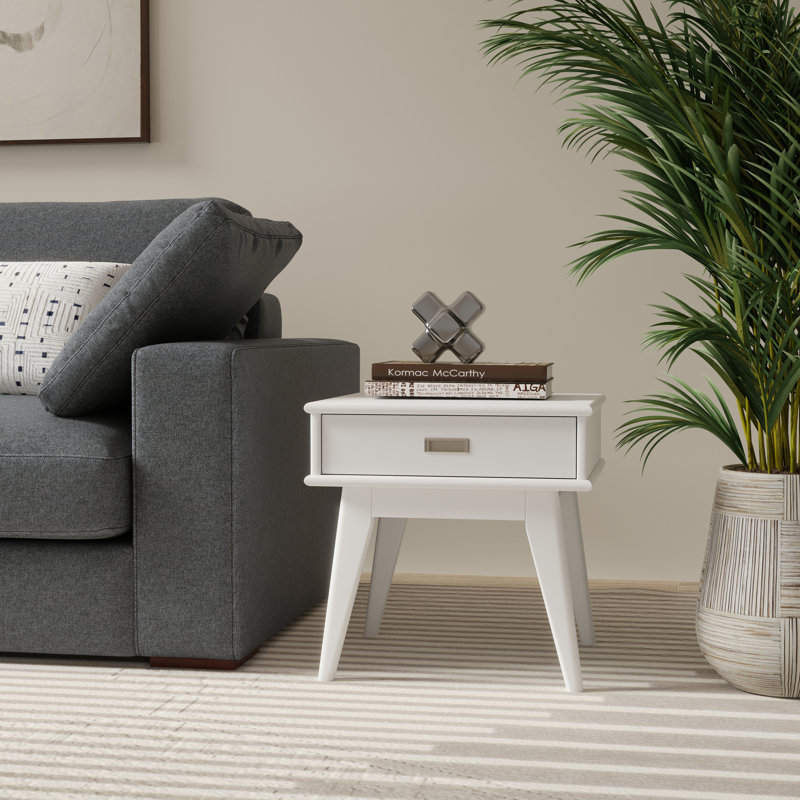 Table de bout rectangulaire Mid-Century moderne en bois massif avec tiroir de rangement Draper, Blanc