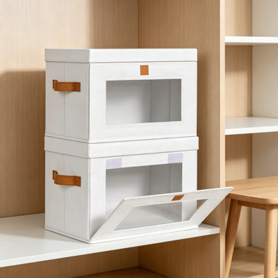 Bacs de rangement pliables avec couvercles, grandes boîtes de rangement empilables en tissu avec ouverture frontale, fenêtre transparente et poignées, rangement de placard décoratif pour le salon, dortoir, paquet de 2, noir