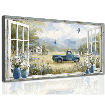 GUTTATY Rustic Farmhouse Window Frame Wall Art, Vintage Blue Truck Floral Canvas Wall Decor, Countryside Scene Flower Picture Artwork for Living Room, Bedroom, Bathroom, 24x48 inches