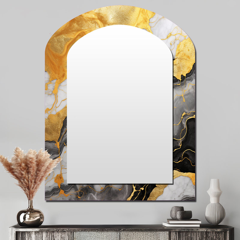 Gold And Grey Abstract Marble Mirage II - Marble Arch Wall Mirror, Modern Asymmetrical Decorative Mirror, Printed Metal Art