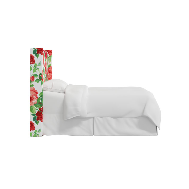 Hudson Upholstered Wingback Headboard, Twin, Scm Cabbage Rose Coral Ivory Linen