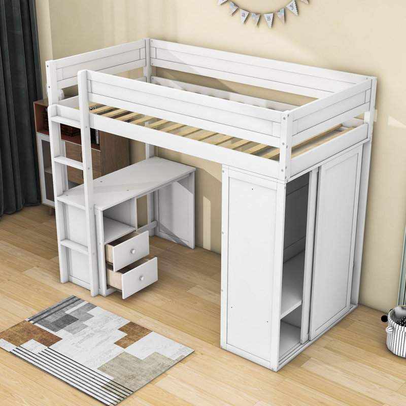 Kaylor Wood Loft Bed with Wardrobes, Desk and 2 Drawers, White, Twin