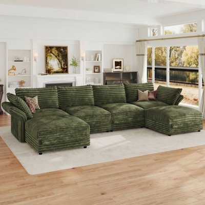 6-Seat Oversized Extra-Deep Corduroy Modular Corner Sectional，Colossal Detachable​ Modular Cloud Couch, Certified Corduroy Fabric with Storage & Adjustable Backs Green