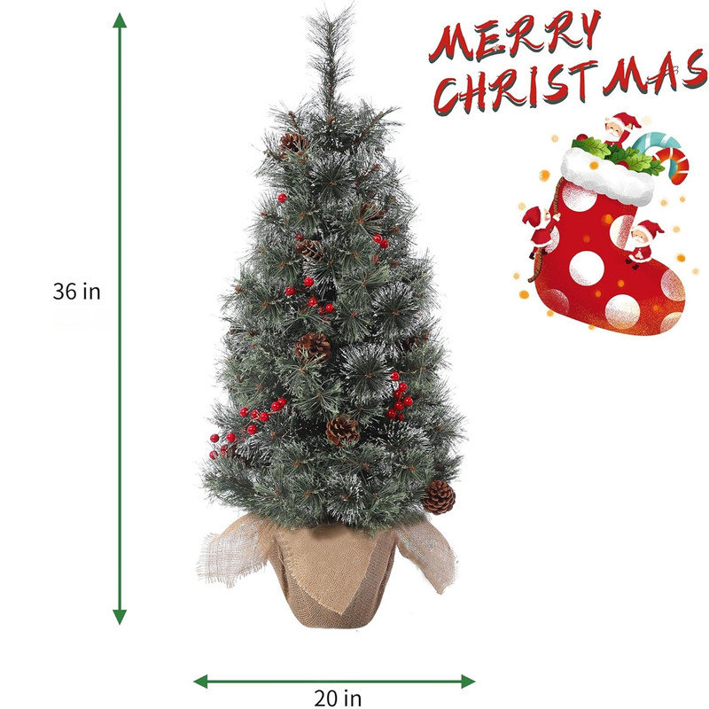 3ft Pre-Lit Small Christmas Tree, Mini Christmas Tree with 78 Led Lights Cloth Bag Base & Pine Cones & Red Berries,Xmas Decorations for Fireplace,Tabletop, Home Decor Indoor