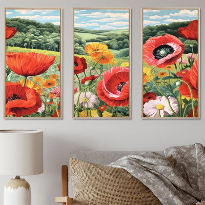 «Vibrant Red Poppy Field Dreams», ensemble d'art sur toile coquelicot
