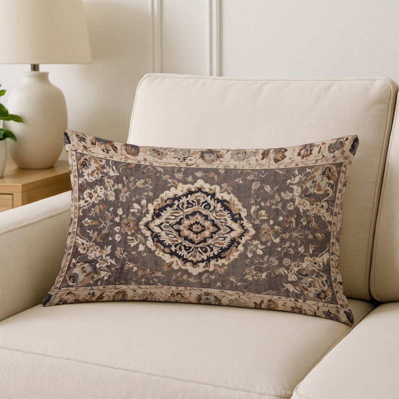 Coussin décoratif intérieur et extérieur Modern, Brun / bleu marine / beige damassé, Rectangle H 25 po x l 18 po