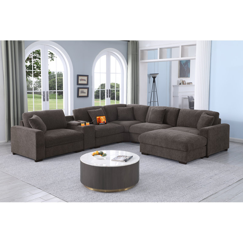 Ensemble modulaire de coin 7 pièces avec porte-gobelet avec rangement et port USB, Chenille grise foncée