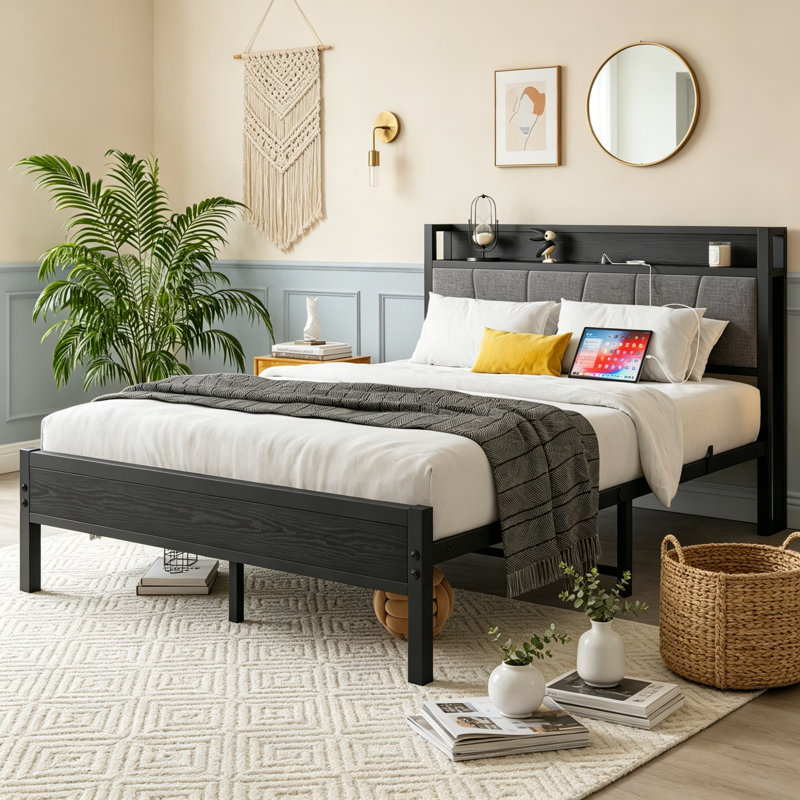 Lit plateforme en métal avec tête de lit de rangement et station de recharge, sans sommier, taille standard, noir., Full-1