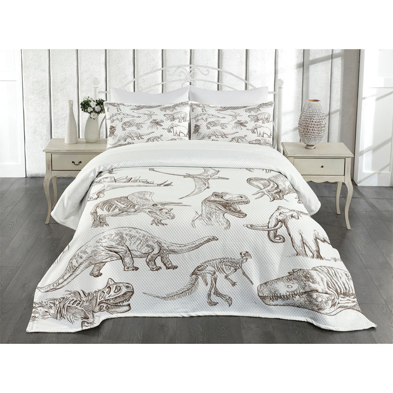 Ambesonne Black White Bedspread Dinosaurs Skeleton, King Bedspread + 2 Standard Shams