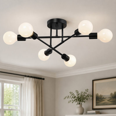 Plafonnier semi-encastré Sputnik moderne noir à 6 lumières dimmables de 40,6 cm (16 po) pour hall d'entrée, chambre, salon, salle à manger et cuisine