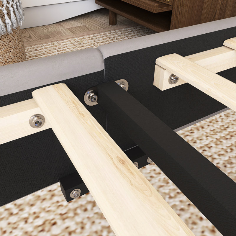Lit plateforme tapissier en bois avec tête de lit ruché, Gris, Lit double