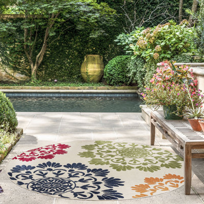 Hufnagel Floral Water Resistant Indoor Outdoor Rugs for Patios, Deck, Porch or Entryway