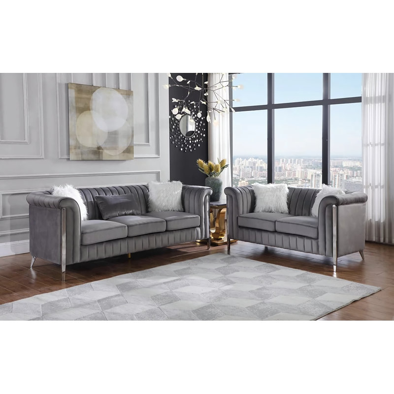 Ensemble de salon 2 pièces en velours, Velours gris, Argent