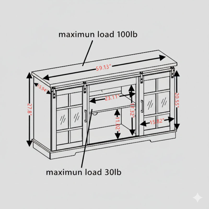Support de rangement polyvalent pour bureau de télévision gris anthracite avec deux portes coulissantes en verre trempé cannelé et une grande armoire de rangement. Compatible avec les téléviseurs jusqu'à 65 pouces mesurant l 59,13 po x P 15,94 po x H 27,8 po.