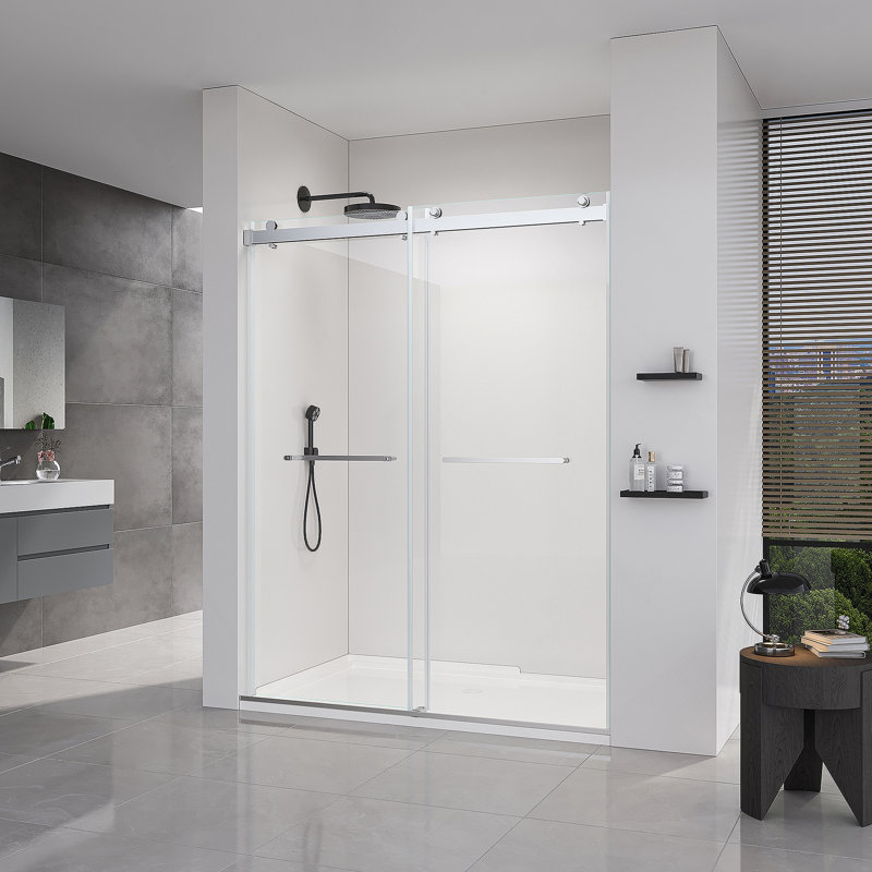 Porte de douche coulissante sans cadre à fermeture en douceur, porte de salle de bain en verre coulissante pour salle de bain