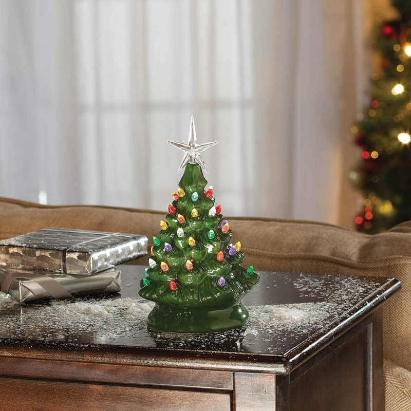 Arbre de Noël en céramique de style rétro à piles, décor de Noël nostalgique, 9 po de haut, Vert