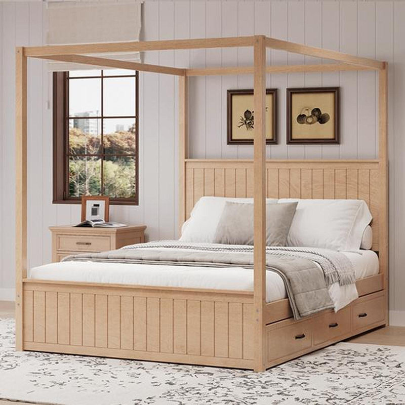 Lit à baldaquin moderne grand avec lit gigogne et trois tiroirs de rangement, base de lit en bois massif à 4 colonnes avec tête de lit, aucun sommier tapissier requis, naturel