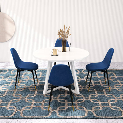 Table de salle à manger bleue - 5, table ronde avec 4 chaises en velours bleu - 5, tréteaux
